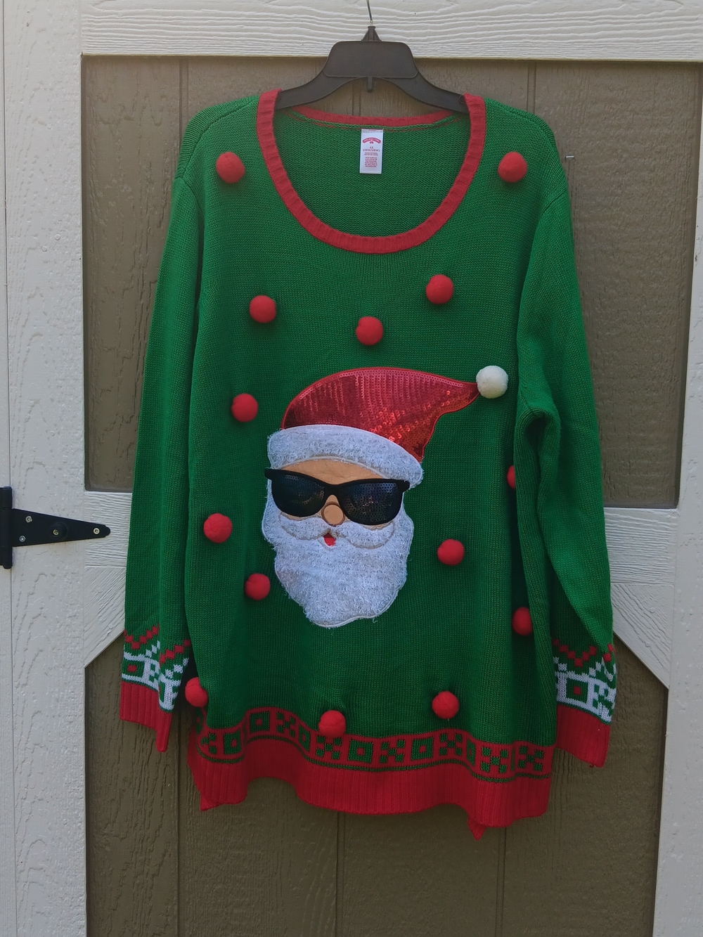 Holiday Time Green/Red Santa Pom-Pom Sweater with Sunglasses Motif & Sequins 4X